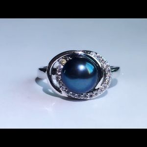 Black freshwater pearl ring silver ring adjustable